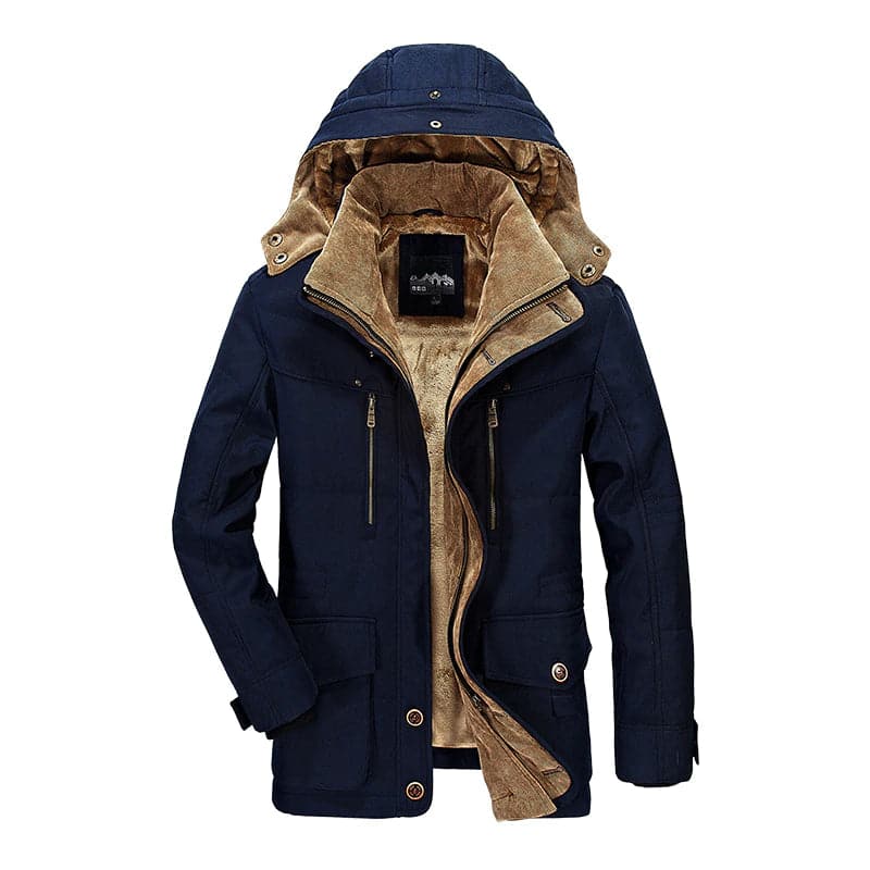 Dunkelblaue Herrenjacke mit Kapuze, Reißverschluss, warmem Innenfutter, Wintermode.