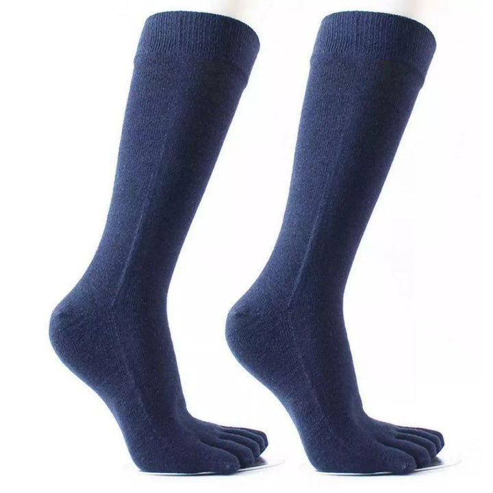 Dunkelblaue Zehensocken aus Baumwolle, knielang, atmungsaktiv, für Damen und Herren.