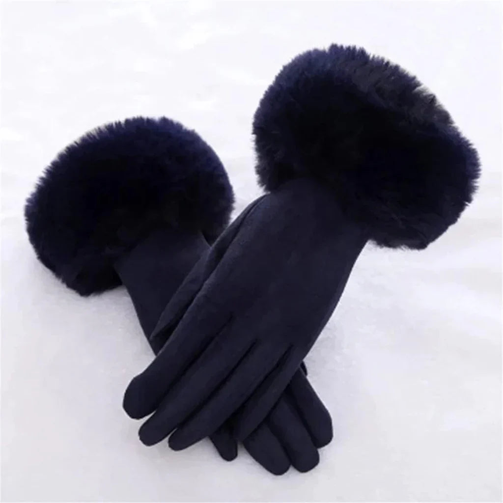 Dunkelblaue Damenhandschuhe mit Kunstfell, elegant, warm, Wintermode, Accessoire.