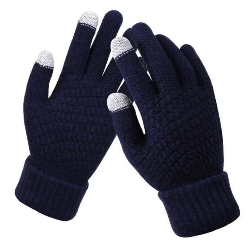 Dunkelblaue Touchscreen-Handschuhe, gestrickt, mit grauen Fingerspitzen für Smartphone-Bedienung.