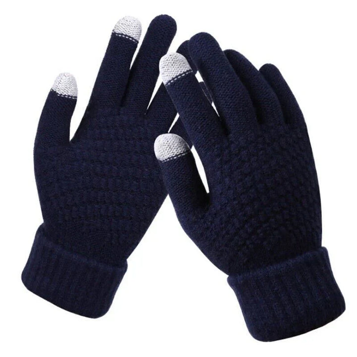 Dunkelblaue Touchscreen-Handschuhe, gestrickt, mit grauen Fingerspitzen für Smartphone-Bedienung.