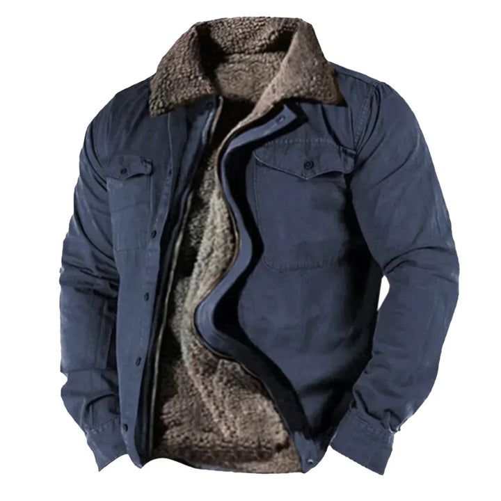 Dunkelblaue Herrenjacke mit braunem Futter, Winterjacke, warm, modisch, Freizeitkleidung.