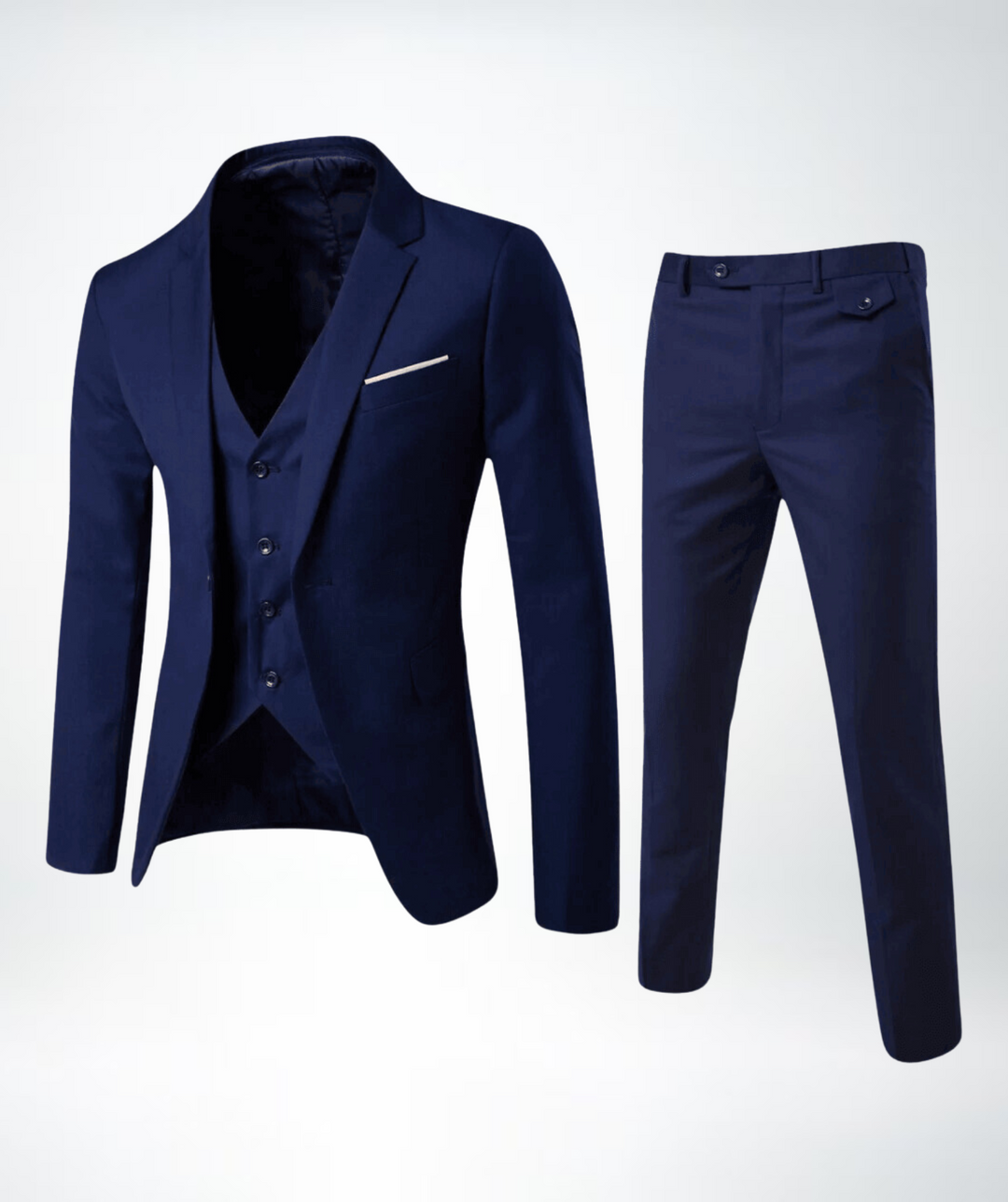Dunkelblauer Herrenanzug mit Weste und Hose, elegantes Design, ideal für formelle Anlässe.