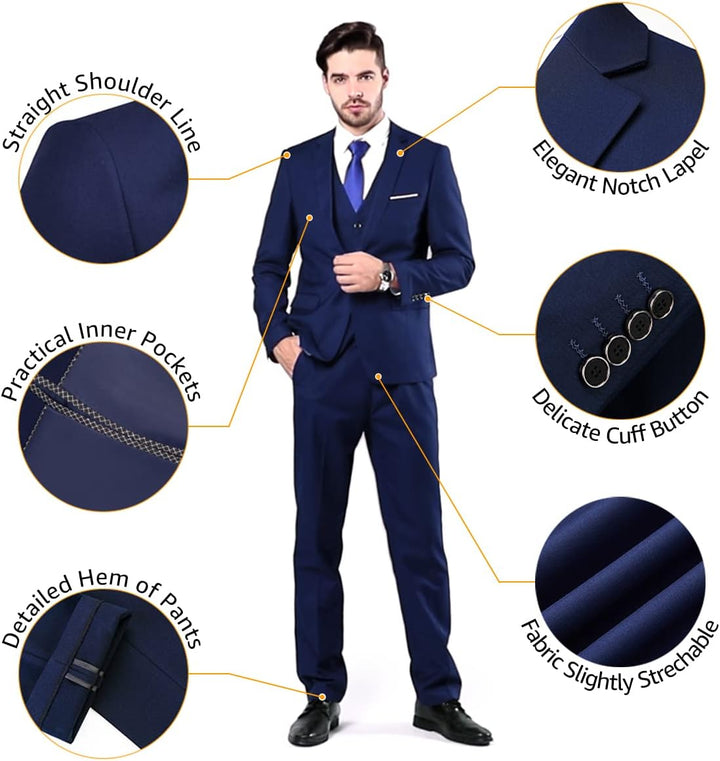 Eleganter dunkelblauer Herrenanzug mit Weste, Notch-Revers, Knopfmanschetten, ideal für Business.