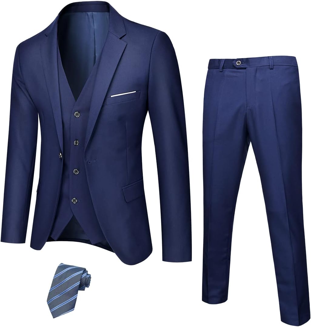 Dunkelblauer Herrenanzug mit Weste, Hose und gestreifter Krawatte, elegantes Business-Outfit.