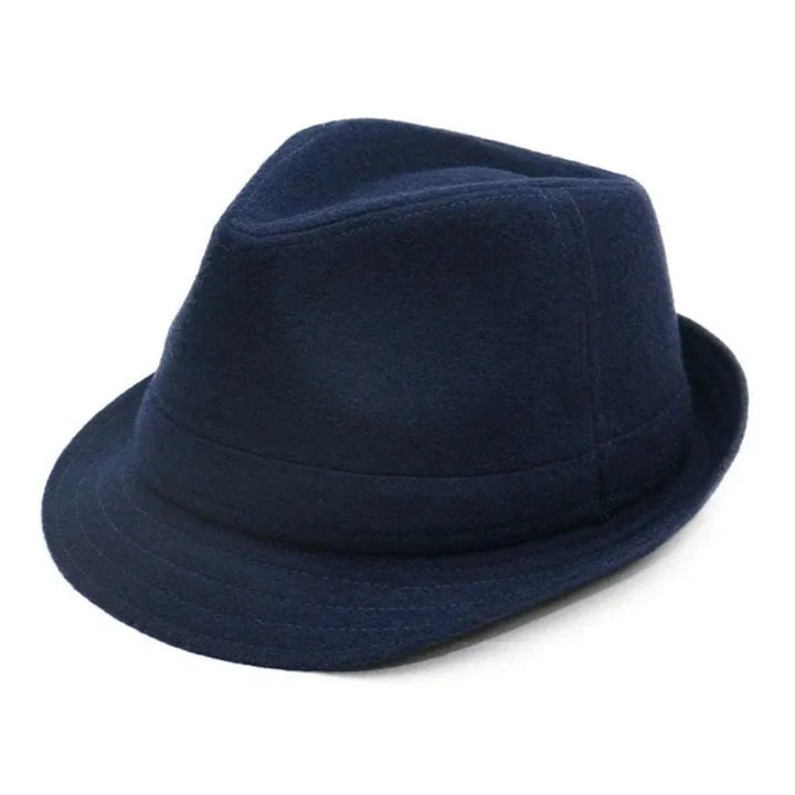 Dunkelblauer Filzhut, klassischer Fedora-Stil, modisches Accessoire für Herren und Damen.