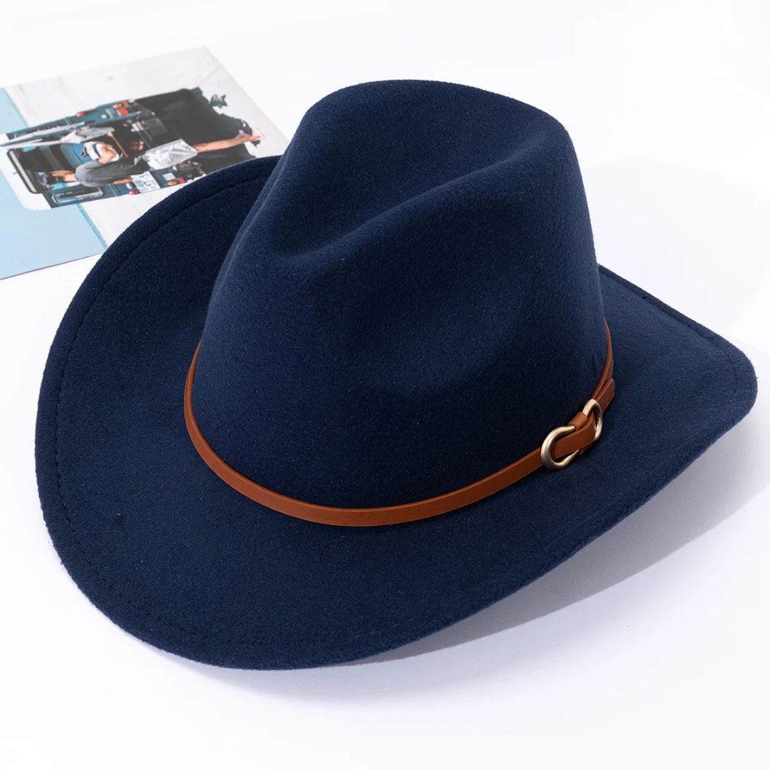 Dunkelblauer Filzhut mit braunem Band, Cowboy-Stil, modisches Accessoire, Unisex-Hut.