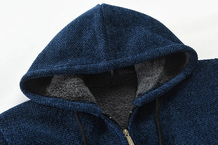 Dunkelblauer Kapuzenpullover aus Fleece, Reißverschluss, warm, gemütlich, Herrenmode.