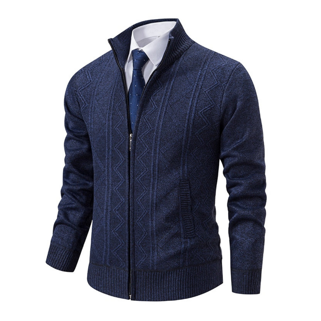 Dunkelblauer Herren-Strickjacke mit Reißverschluss, elegantes Design, ideal für Herbstmode.
