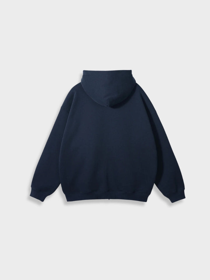 Dunkelblauer Kapuzenpullover, Unisex, Baumwolle, lässig, modisch, bequem, Rückansicht.