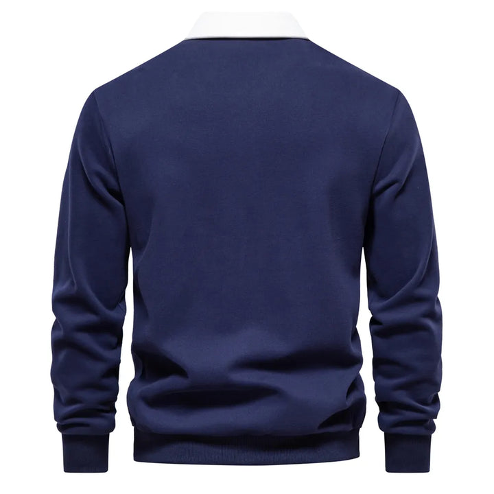 Dunkelblauer Herrenpullover mit weißem Kragen, langärmelig, aus Baumwolle, Rückansicht.