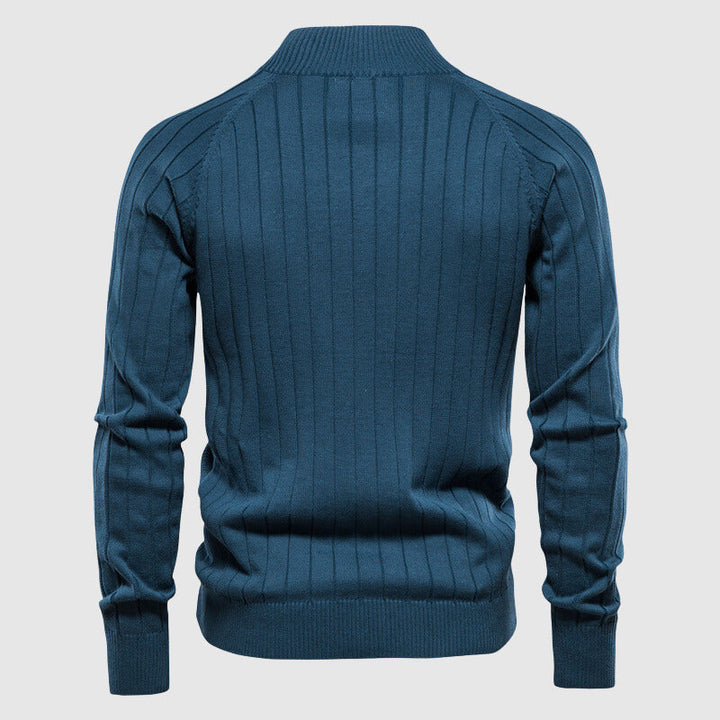 Blauer Herrenpullover, gerippt, Langarm, aus Baumwolle, modisch, bequem, John Wellington.