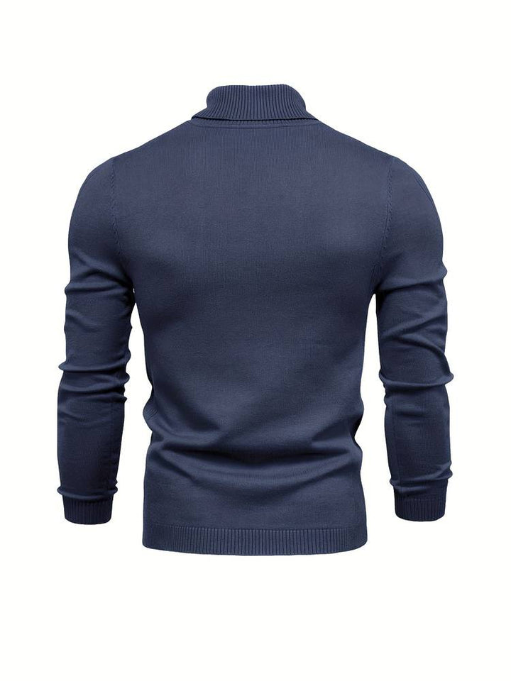 Dunkelblauer Herrenpullover aus Baumwolle, langärmelig, Rollkragen, modisch, bequem.