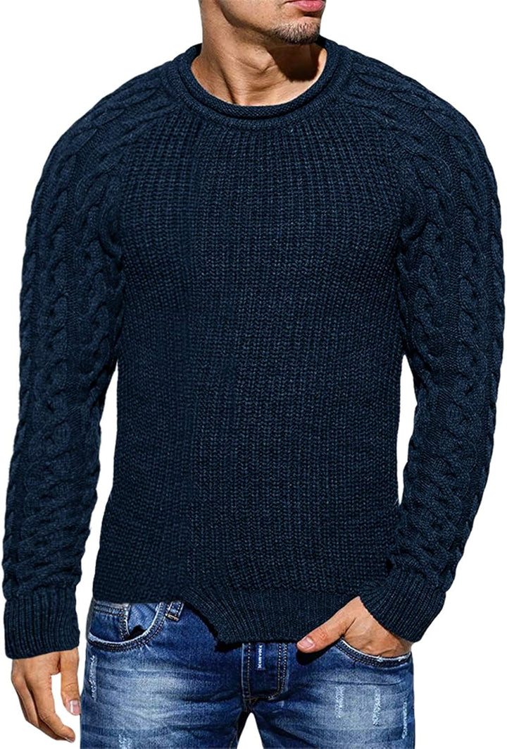 Dunkelblauer Herren Strickpullover, Zopfmuster, Langarm, modisch, warm, Freizeitkleidung.