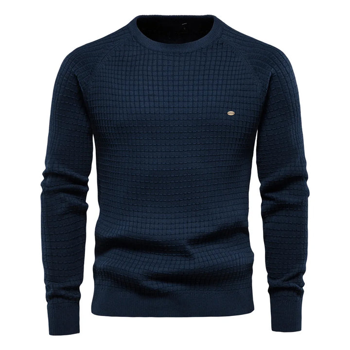 Dunkelblauer Herrenpullover, Strickmuster, Rundhalsausschnitt, Baumwolle, modisch, elegant.
