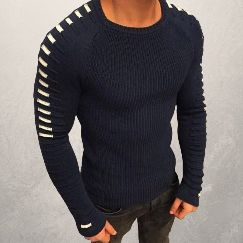 Dunkelblauer Herrenpullover mit weißen Streifen, Strickdesign, modisch, langärmelig.