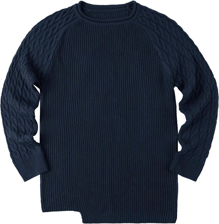 Dunkelblauer Strickpullover aus Baumwolle, Zopfmuster, langärmelig, Herrenmode, Winterkleidung.