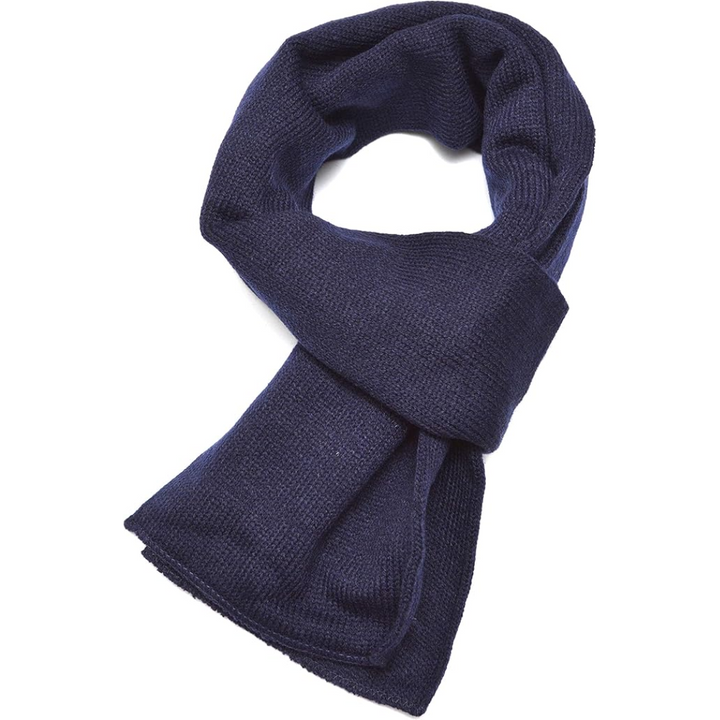 Dunkelblauer Strickschal aus Wolle, warm und stilvoll, ideal für Herbst und Wintermode.