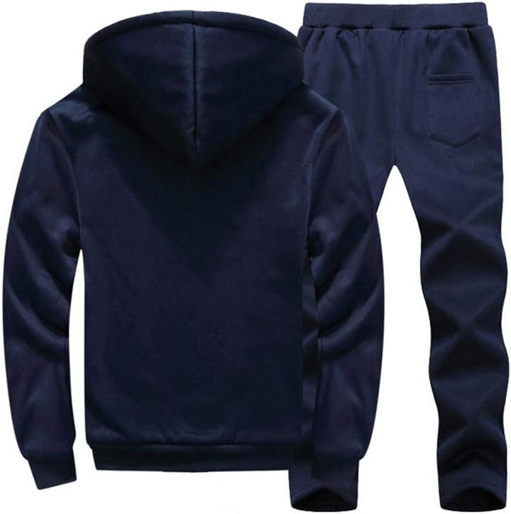 Dunkelblauer Herren-Trainingsanzug, Kapuzenpullover und Jogginghose, Baumwolle, sportlich.
