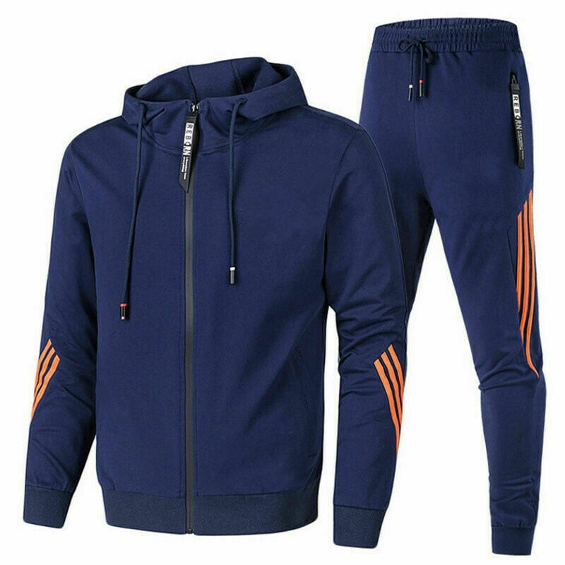 Dunkelblauer Trainingsanzug mit Kapuze, orange Streifen, Reißverschluss, Herrenmode, Sportbekleidung.