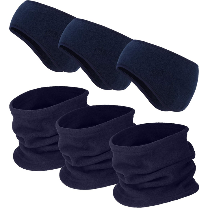 Dunkelblaue Fleece-Stirnbänder und Halswärmer Set, Winteraccessoires, warm und weich.