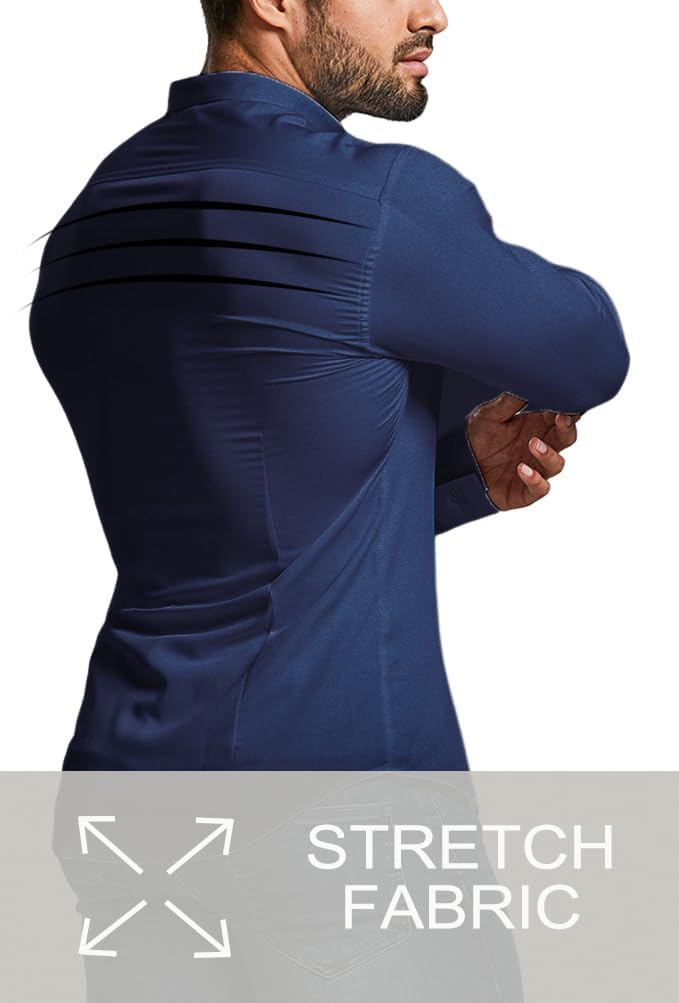 Mann in dunkelblauem Stretchhemd, langärmelig, modisch, bequem, für Herrenmode.