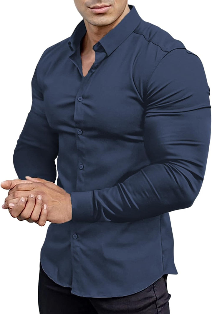 Dunkelblaues Herrenhemd, langärmelig, Slim Fit, Baumwolle, elegant, Freizeitmode.