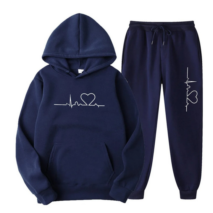 Dunkelblauer Hoodie und Jogginghose Set mit Herz-EKG-Design, Baumwolle, Unisex, Freizeitkleidung.