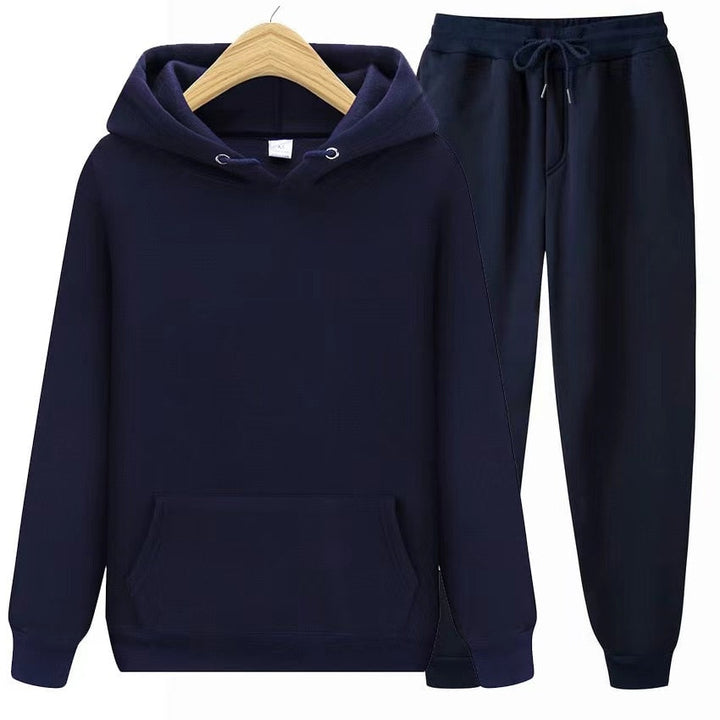 Dunkelblauer Kapuzenpullover und Jogginghose Set, Unisex, Baumwolle, bequem, Freizeitkleidung.