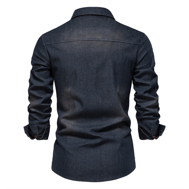 Dunkelblaues Jeanshemd für Herren, langärmelig, Rückansicht, modisch, Freizeitkleidung.