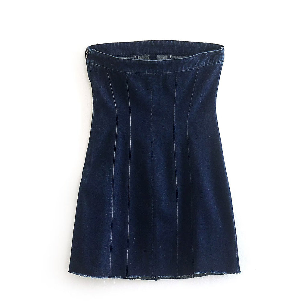 Dunkelblaues Jeanskleid, ärmellos, Damenmode, elegantes Design, Freizeitkleidung.