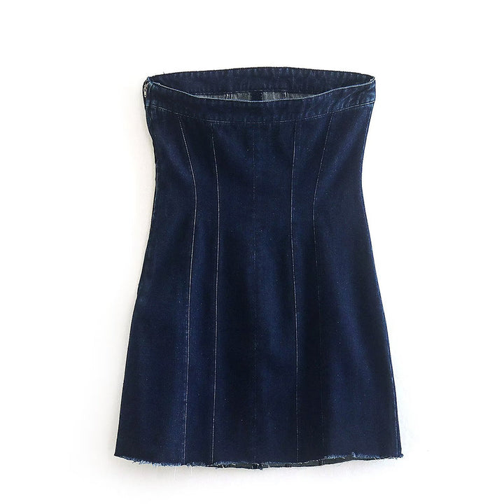Dunkelblaues Jeanskleid, ärmellos, Damenmode, elegantes Design, Freizeitkleidung.