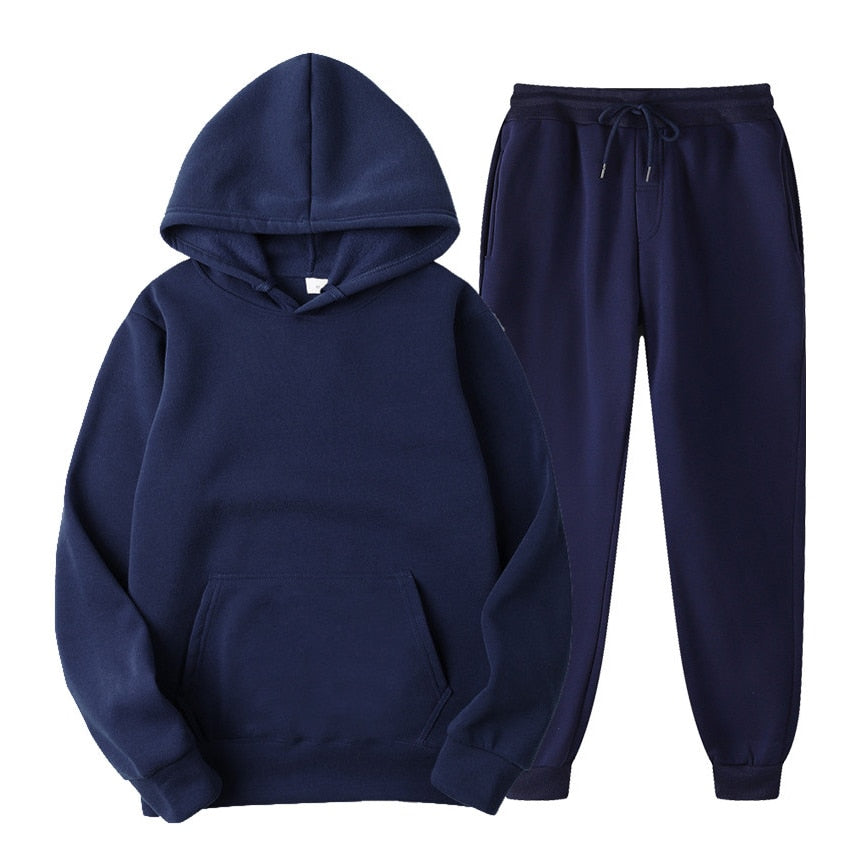 Dunkelblauer Kapuzenpullover und Jogginghose Set, Baumwolle, Unisex, Freizeitkleidung.
