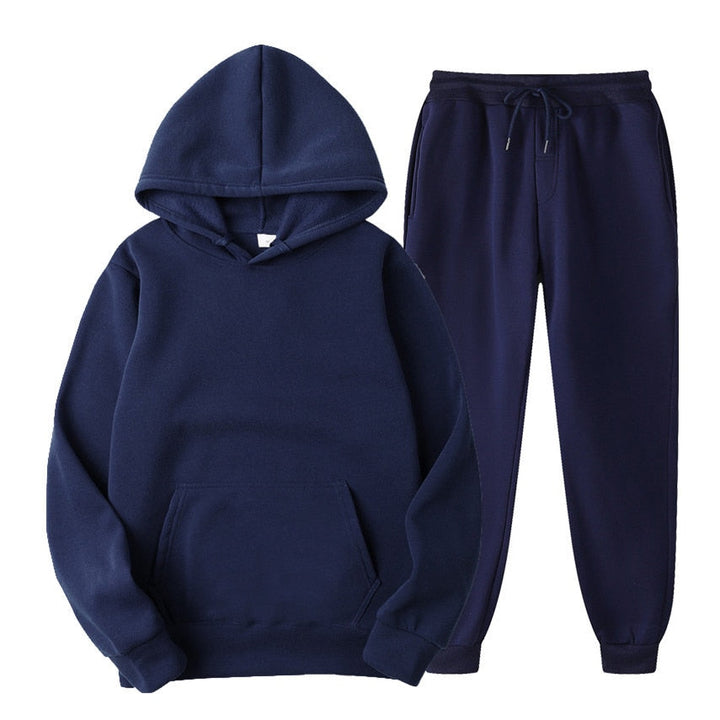Dunkelblauer Kapuzenpullover und Jogginghose Set, Baumwolle, Unisex, Freizeitkleidung.