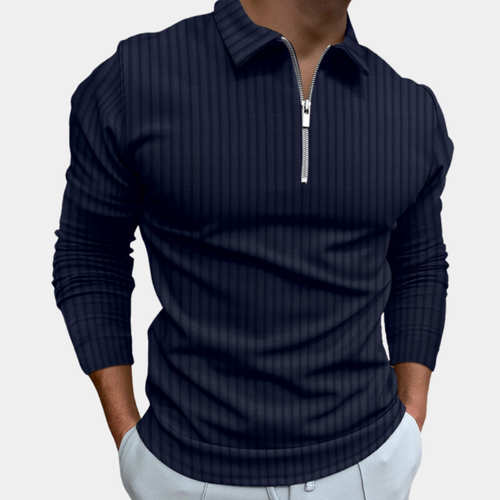Dunkelblauer gestreifter Herrenpullover mit Reißverschluss, Langarm, modisch, elegant.