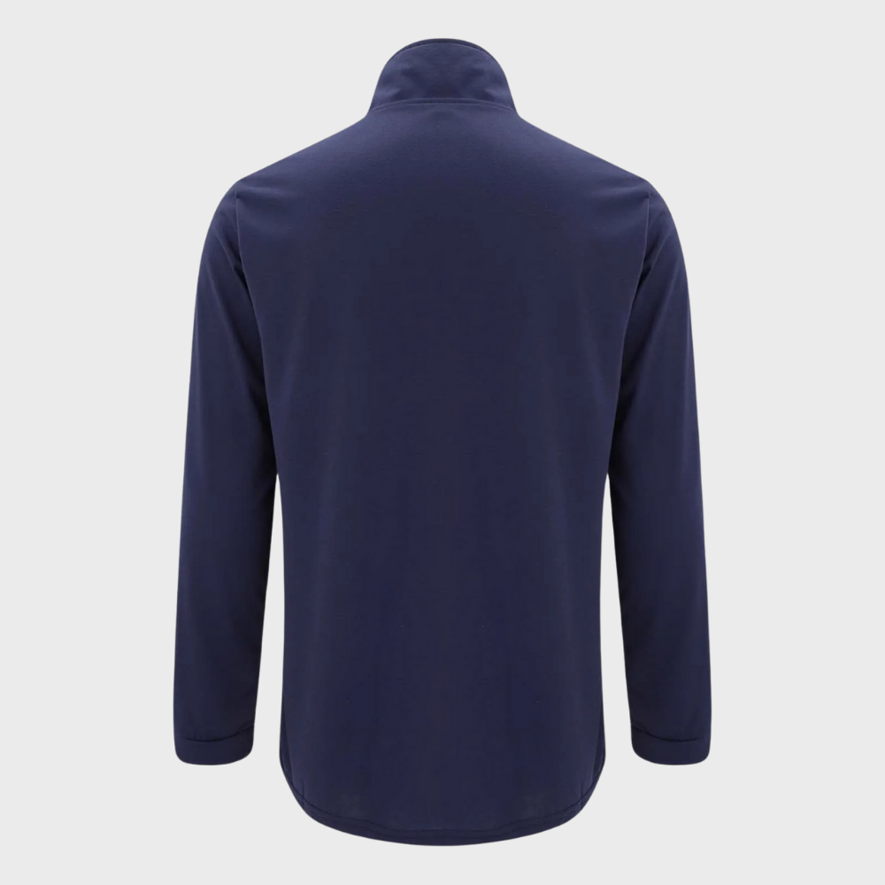 Dunkelblaues Herren-Poloshirt, langärmelig, Baumwolle, Rückansicht, Freizeitmode.