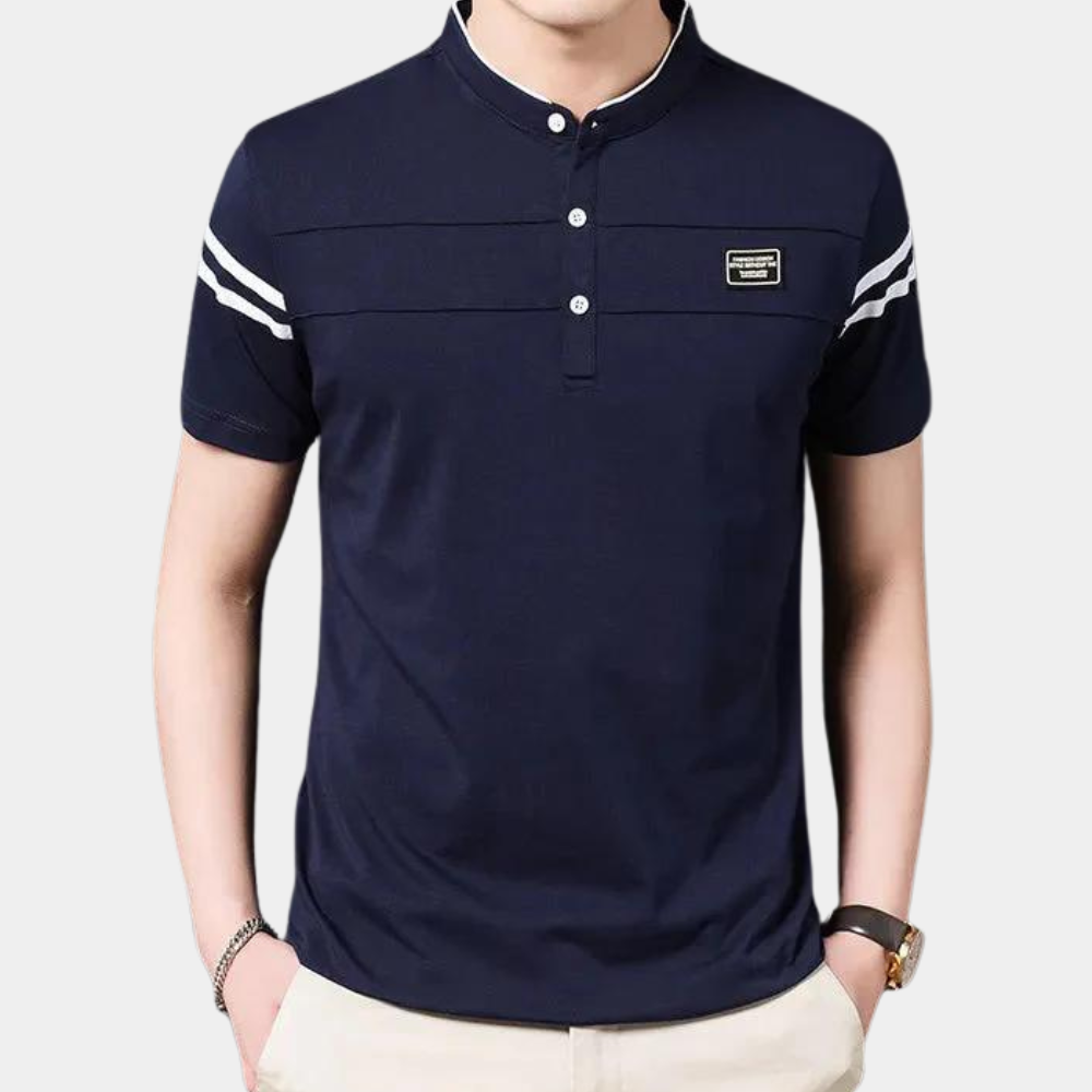 Dunkelblaues Herren-Poloshirt, Kurzarm, Knopfleiste, sportlich-elegant, Baumwolle.
