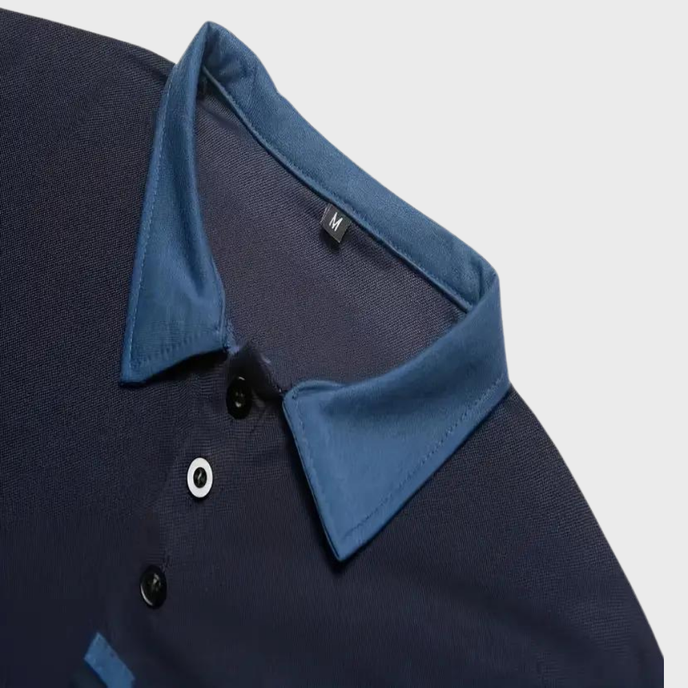 Dunkelblaues Polohemd mit blauem Kragen, Knopfleiste, Herrenmode, Größe M.