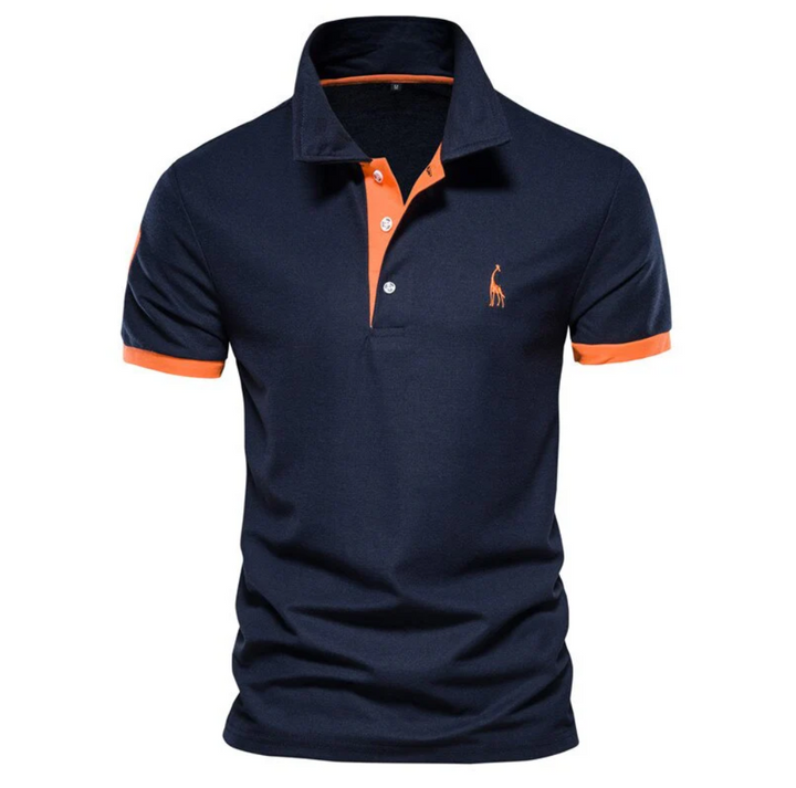 Dunkelblaues Polohemd mit orangefarbenen Akzenten, Herrenmode, Baumwolle, Kurzarm.