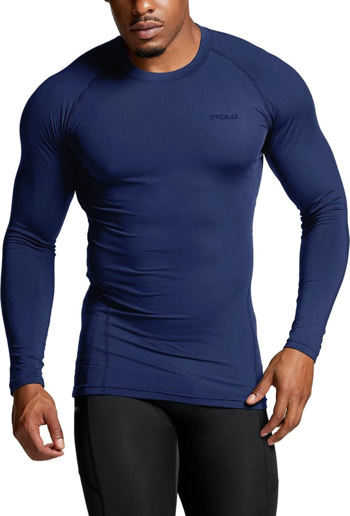 Dunkelblaues Herren-Kompressionsshirt, langärmelig, atmungsaktiv, ideal für Sport und Fitness.