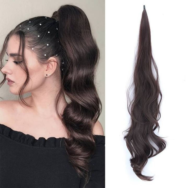 Dunkelbraune, gewellte Haarverlängerung, Clip-in, synthetisch, für Pferdeschwanz-Styling.