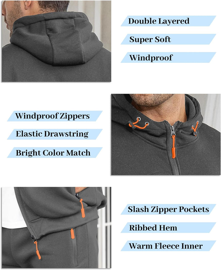 Dunkelgrauer Kapuzenpullover, winddicht, doppellagig, mit Reißverschlusstaschen und elastischem Kordelzug.
