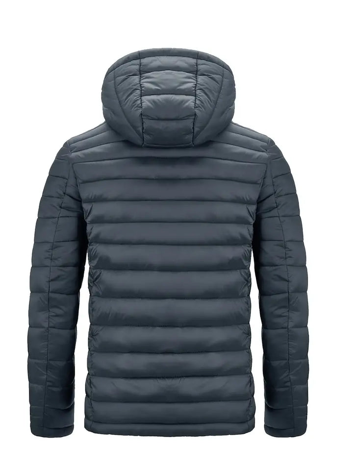 Dunkelgraue Daunenjacke mit Kapuze, gesteppt, warm, Wintermode, Herrenbekleidung.