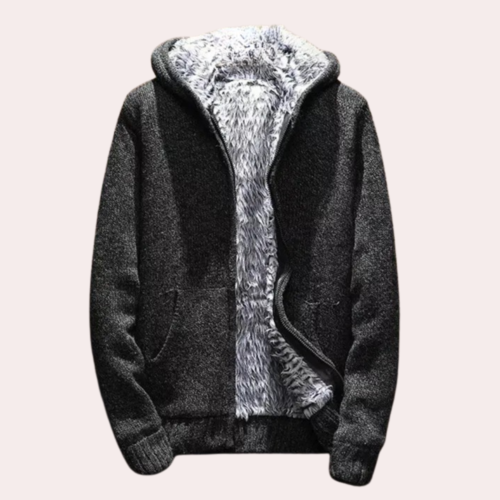 Dunkelgraue Herrenjacke mit Kapuze, Kunstfellfutter, Reißverschluss, Wintermode.