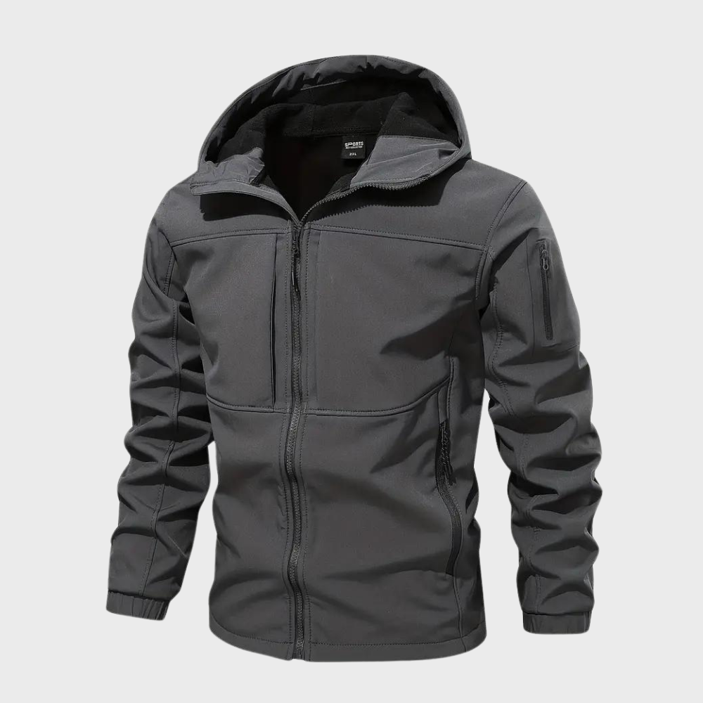 Dunkelgraue Herren-Kapuzenjacke, winddicht, Reißverschluss, Outdoor-Bekleidung.