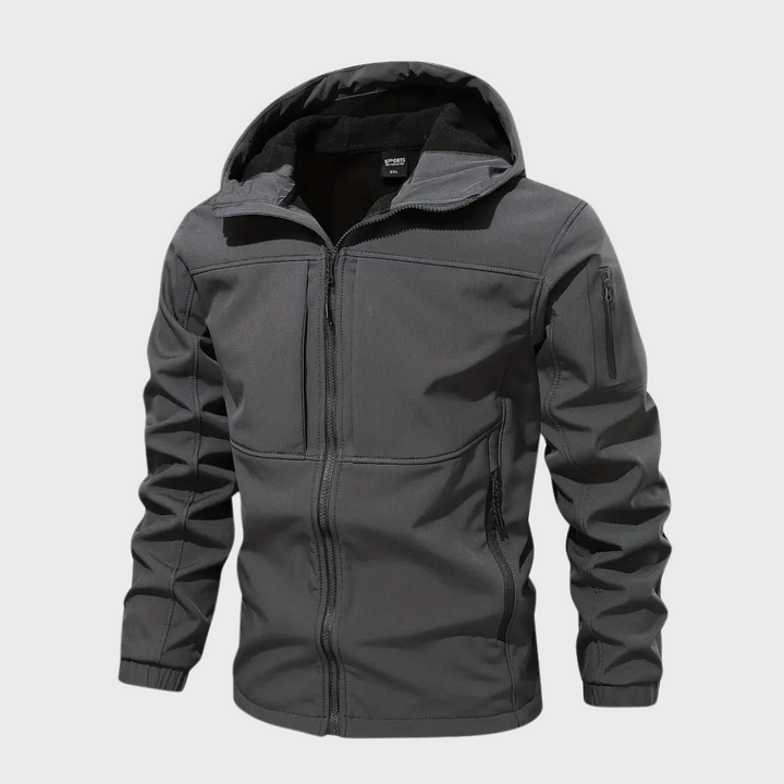 Dunkelgraue Herren-Kapuzenjacke, winddicht, Reißverschluss, Outdoor-Bekleidung.