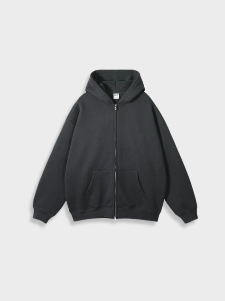 Dunkelgrauer Kapuzenpullover mit Reißverschluss, Unisex, Baumwolle, lässiger Stil, Vorderansicht.