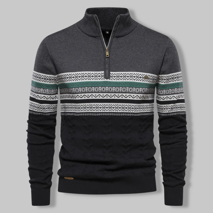 Dunkelgrauer Herrenpullover mit Reißverschluss, Norwegermuster, Wintermode, Baumwolle.