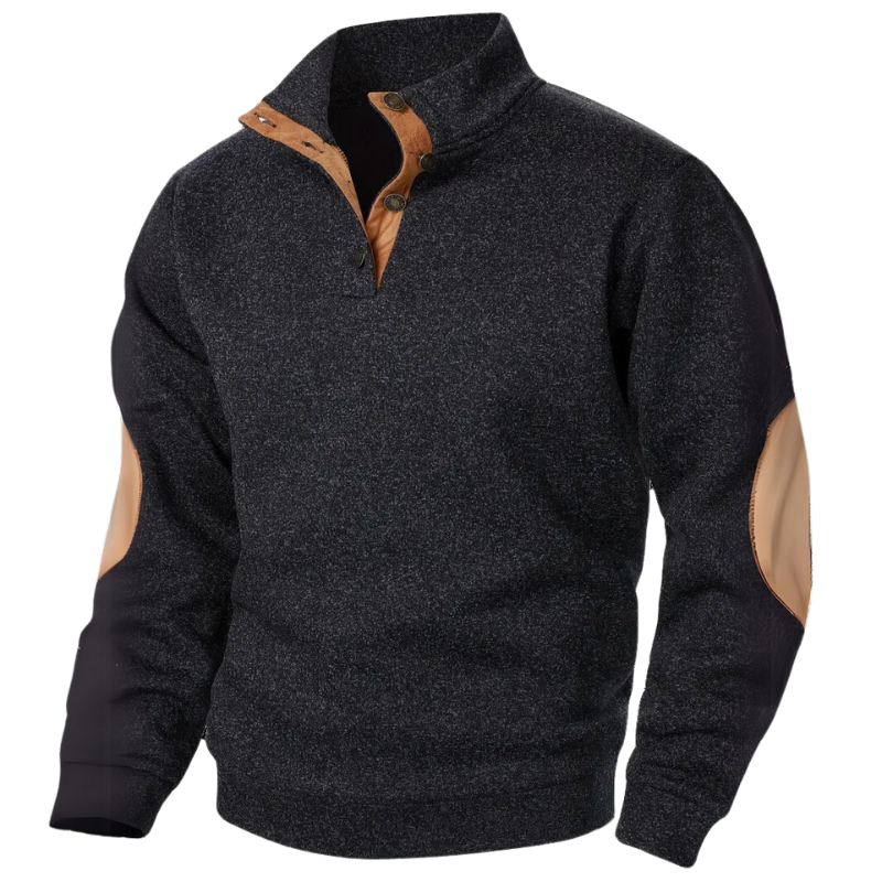 Dunkelgrauer Herrenpullover mit braunen Ellbogen-Patches und Knopfleiste, Wintermode.