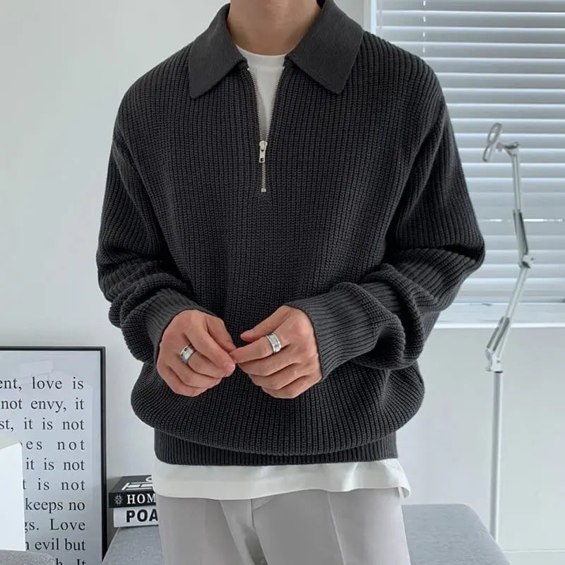 Dunkelgrauer Strickpullover mit Reißverschluss, Herrenmode, lässiger Stil, Baumwolle.